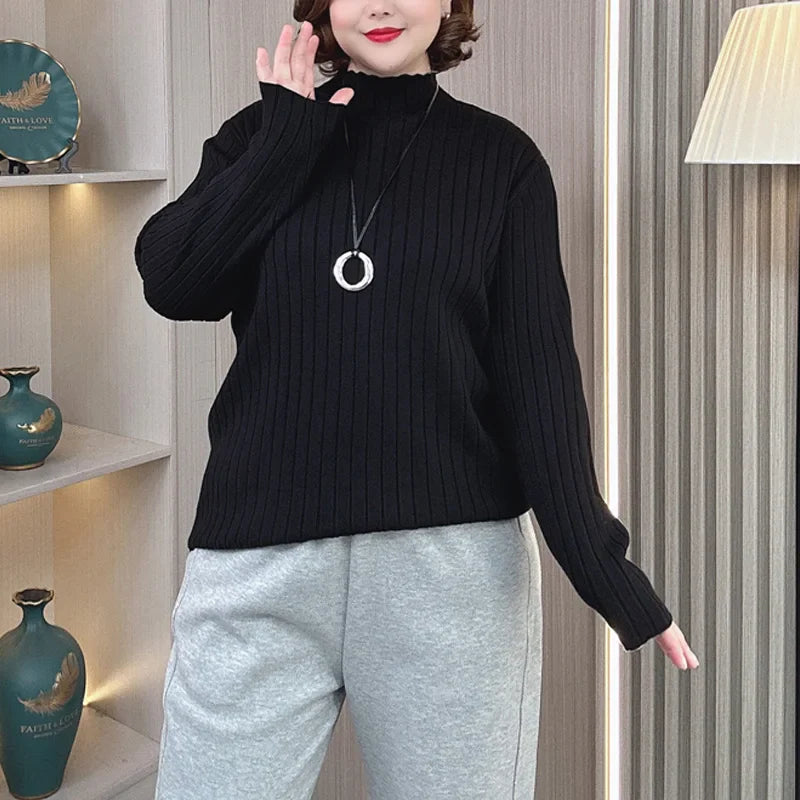 Plus Size Mock Neck Knit Sweater - Slim Fit Casual Pullover for Women, Autumn/Winter