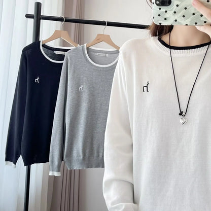 Plus Size Women's Color Block Embroidered Knit Sweater - Classic Retro Autumn Jumper