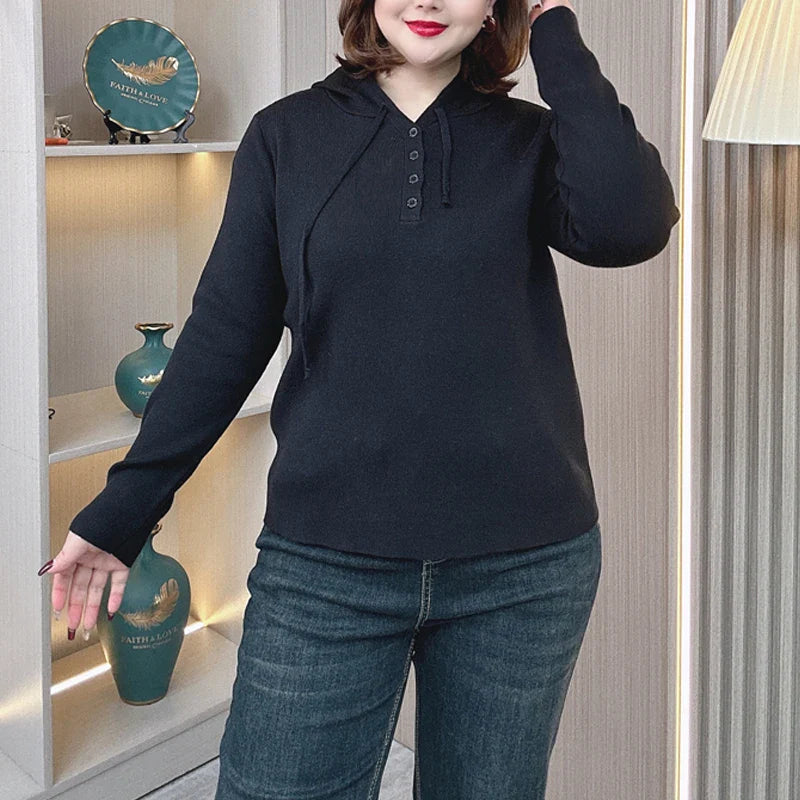Plus Size 4XL Women’s Hooded Knit Sweater Pullover – Red Long Sleeve Casual