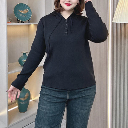 Plus Size 4XL Women’s Hooded Knit Sweater Pullover – Red Long Sleeve Casual
