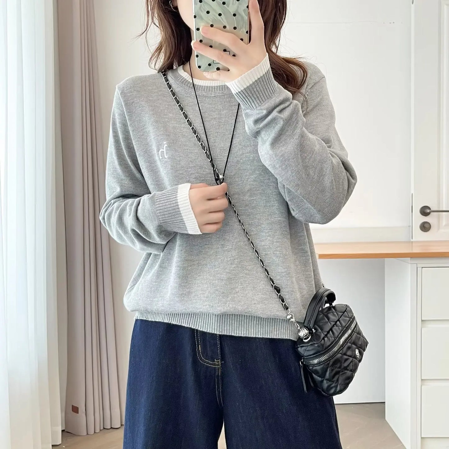 Plus Size Women's Color Block Embroidered Knit Sweater - Classic Retro Autumn Jumper