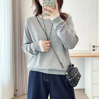 Plus Size Women's Color Block Embroidered Knit Sweater - Classic Retro Autumn Jumper