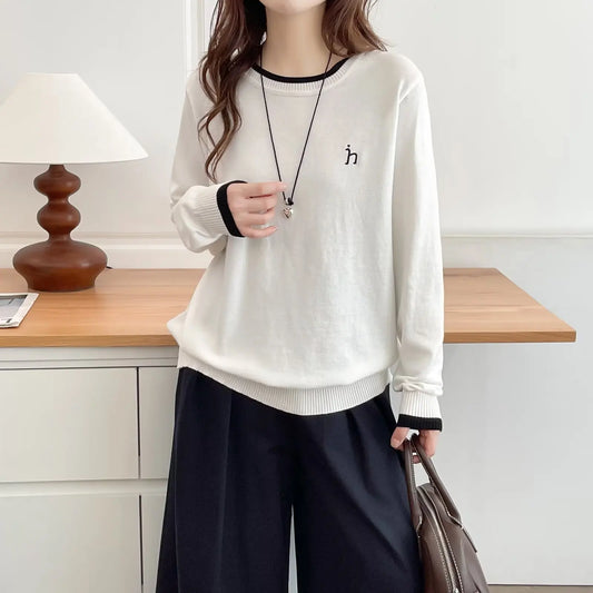 Plus Size Women's Color Block Embroidered Knit Sweater - Classic Retro Autumn Jumper