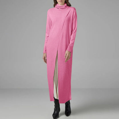 Women's Turtleneck Calf-Length Sweater Dress - Split Hem Patchwork Knit, Long Sleeve Casual Pullover, Plus Size to 5XL