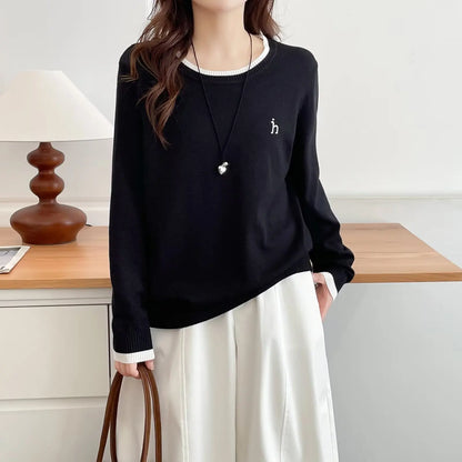 Plus Size Women's Color Block Embroidered Knit Sweater - Classic Retro Autumn Jumper