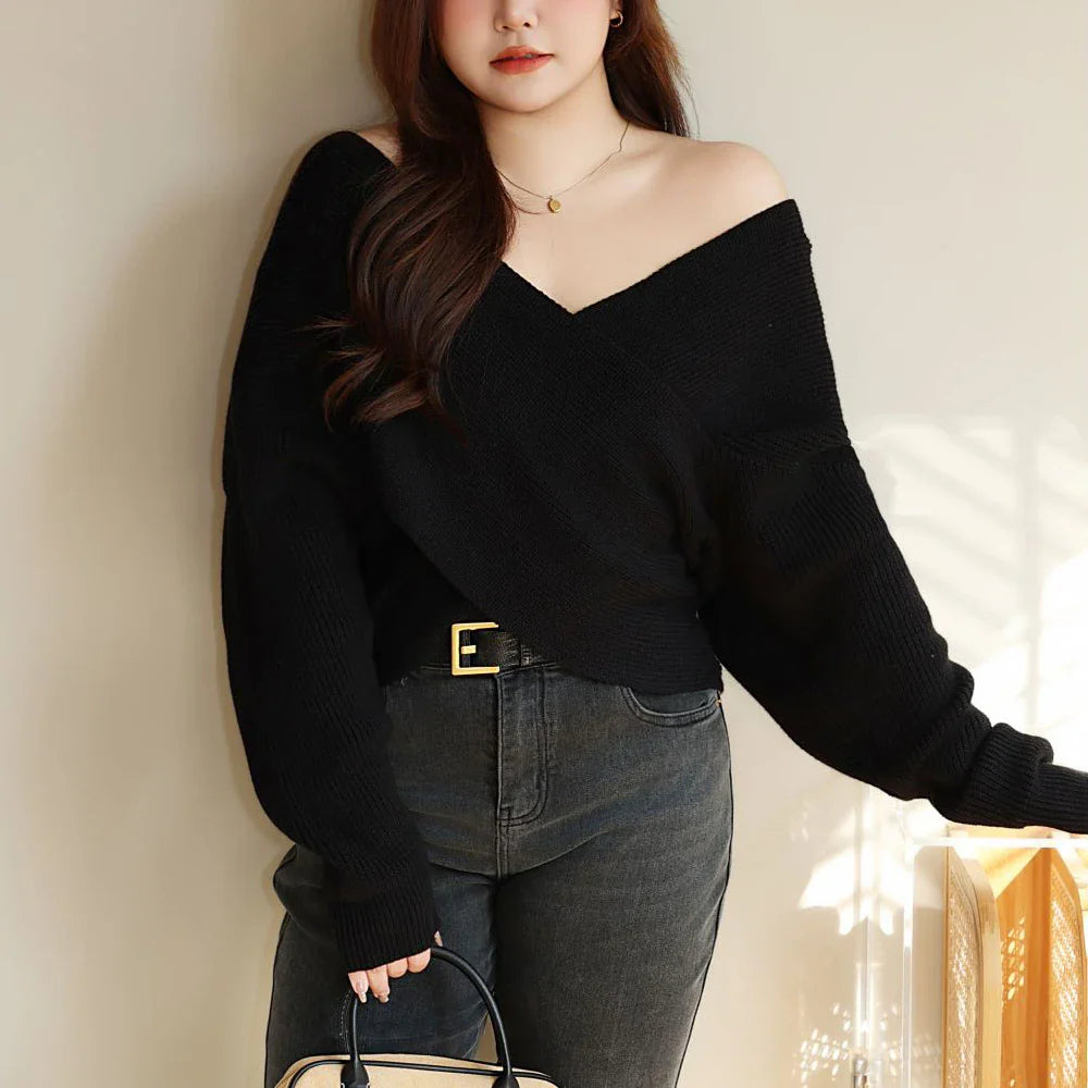 Plus Size XXXL Women's Soft Knit V-Neck Sweater - Fairy Cross Design Autumn/Winter Pullover