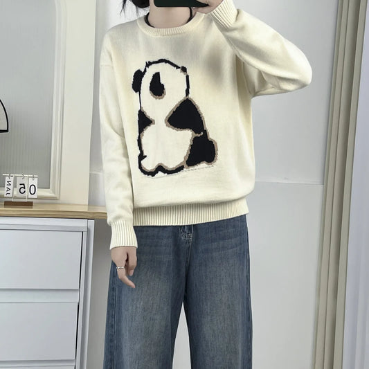 Plus Size Women's Panda Jacquard Knit Sweater – Autumn/Winter Casual Soft Jumper
