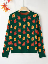 Plus Size Women's Round Neck Pullover Sweater – Falling Leaves Floral Knit, 1XL–4XL (Autumn/Winter)