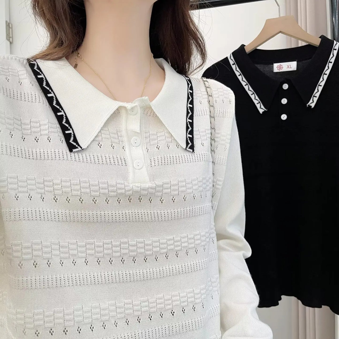 Plus Size Women's Polo Collar Knit Sweater with Hollow-Out Patchwork - Casual Pullover for Spring/Autumn