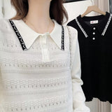 Plus Size Women's Polo Collar Knit Sweater with Hollow-Out Patchwork - Casual Pullover for Spring/Autumn