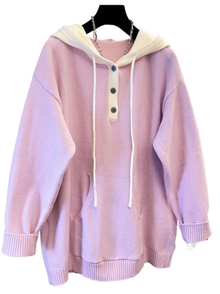 Plus Size Knitted Hooded Sweater Pullover for Women - Loose Long Sleeve Autumn/Winter