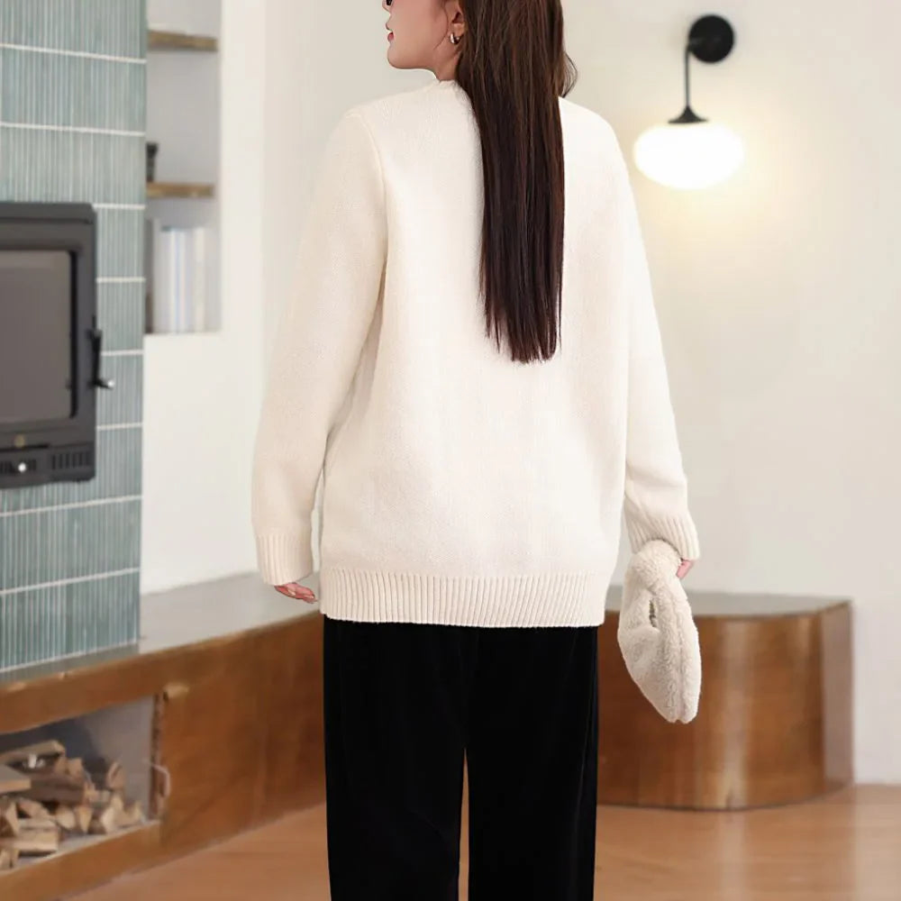 Plus Size XXXL Women's Bear Embroidered O-Neck Sweater Autumn Winter Preppy Thermal Pullover
