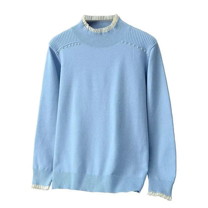 Plus Size Women's Knit Pullover (1XL-4XL) - Mock Neck Beaded Lace Shoulder Sweater for Autumn/Winter