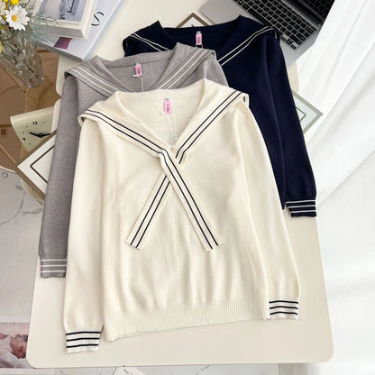 Plus Size V-Neck Sailor Collar Knitted Sweater for Women — Ribbon Trim Casual Jumper Up to 4XL
