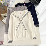 Plus Size V-Neck Sailor Collar Knitted Sweater for Women — Ribbon Trim Casual Jumper Up to 4XL