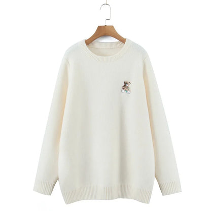 Plus Size XXXL Women's Bear Embroidered O-Neck Sweater Autumn Winter Preppy Thermal Pullover