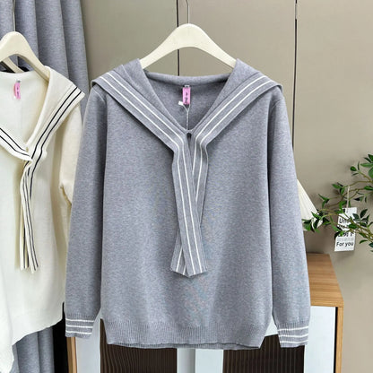 Plus Size V-Neck Sailor Collar Knitted Sweater for Women — Ribbon Trim Casual Jumper Up to 4XL