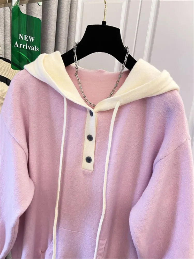 Plus Size Knitted Hooded Sweater Pullover for Women - Loose Long Sleeve Autumn/Winter