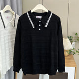 Plus Size Women's Polo Collar Knit Sweater with Hollow-Out Patchwork - Casual Pullover for Spring/Autumn