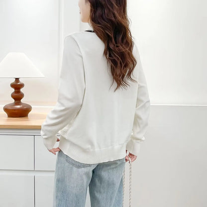 Plus Size Women's Polo Collar Knit Sweater with Hollow-Out Patchwork - Casual Pullover for Spring/Autumn