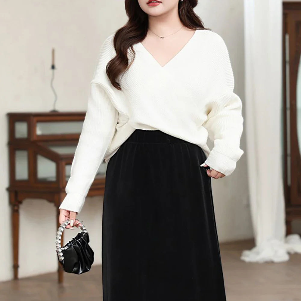 Plus Size XXXL Women's Soft Knit V-Neck Sweater - Fairy Cross Design Autumn/Winter Pullover