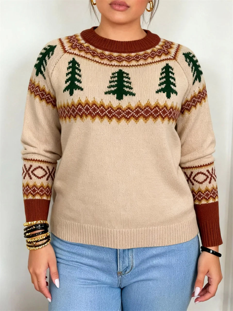 Plus Size Women's Crew Neck Pullover Sweater - Loose Knit Autumn Winter Christmas Top