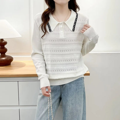 Plus Size Women's Polo Collar Knit Sweater with Hollow-Out Patchwork - Casual Pullover for Spring/Autumn