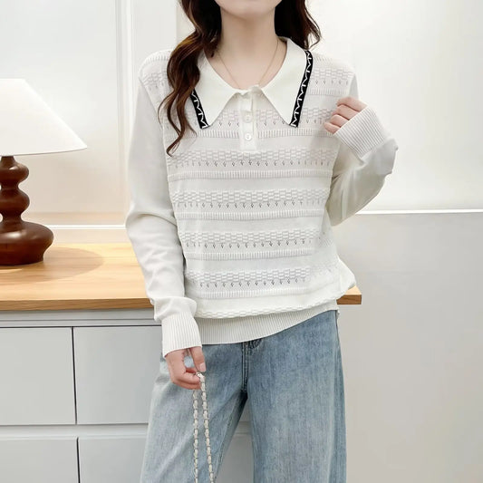Plus Size Women's Polo Collar Knit Sweater with Hollow-Out Patchwork - Casual Pullover for Spring/Autumn