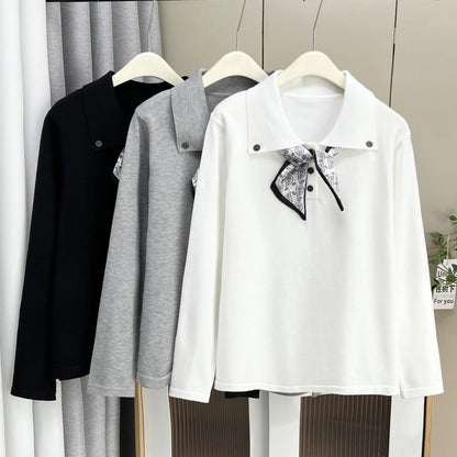 Plus Size Women's Knitted Sweater Jumper XXXL Lace-Up Lapel with Silk-Scarf Detail Autumn Casual