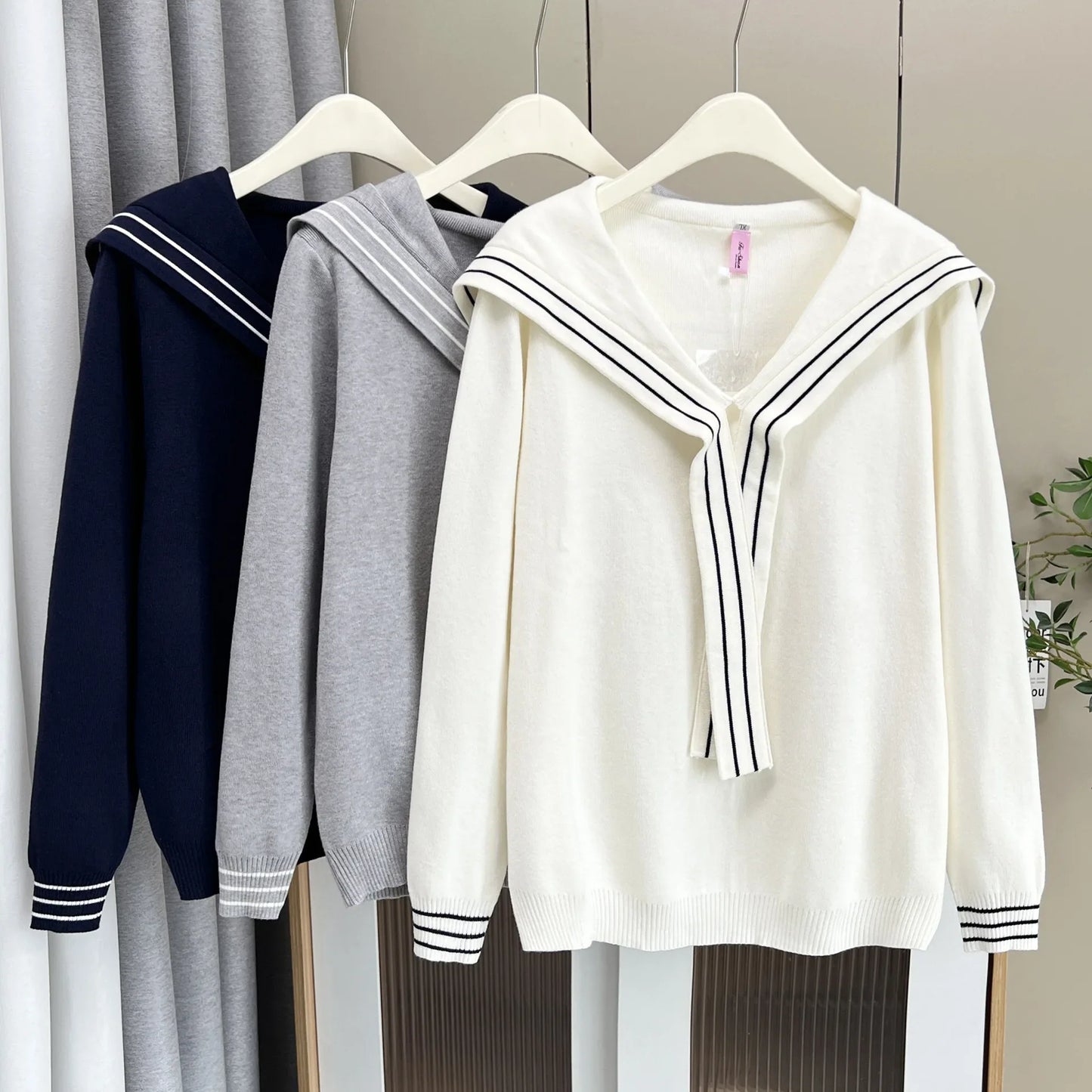 Plus Size V-Neck Sailor Collar Knitted Sweater for Women — Ribbon Trim Casual Jumper Up to 4XL
