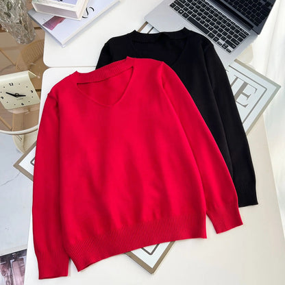 Plus Size V-Neck Hollow Knit Sweater Women's Autumn Casual Pullover