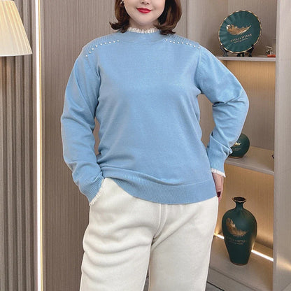 Plus Size Women's Knit Pullover (1XL-4XL) - Mock Neck Beaded Lace Shoulder Sweater for Autumn/Winter