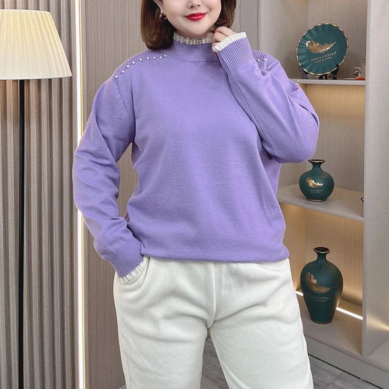 Plus Size Women's Knit Pullover (1XL-4XL) - Mock Neck Beaded Lace Shoulder Sweater for Autumn/Winter