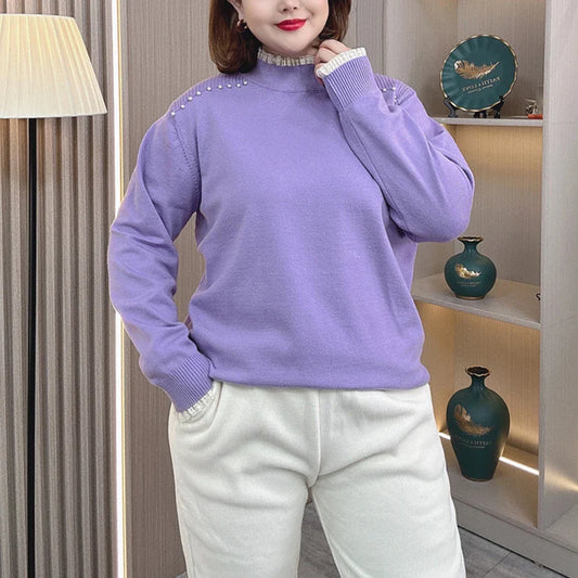 Plus Size Women's Knit Pullover (1XL-4XL) - Mock Neck Beaded Lace Shoulder Sweater for Autumn/Winter