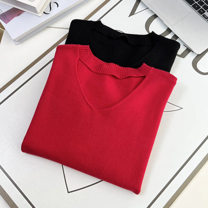 Plus Size V-Neck Hollow Knit Sweater Women's Autumn Casual Pullover