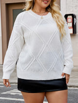 Plus Size O-Neck Loose Knit Pullover Sweater - Long Sleeve Argyle Casual Jumper (Black/White)