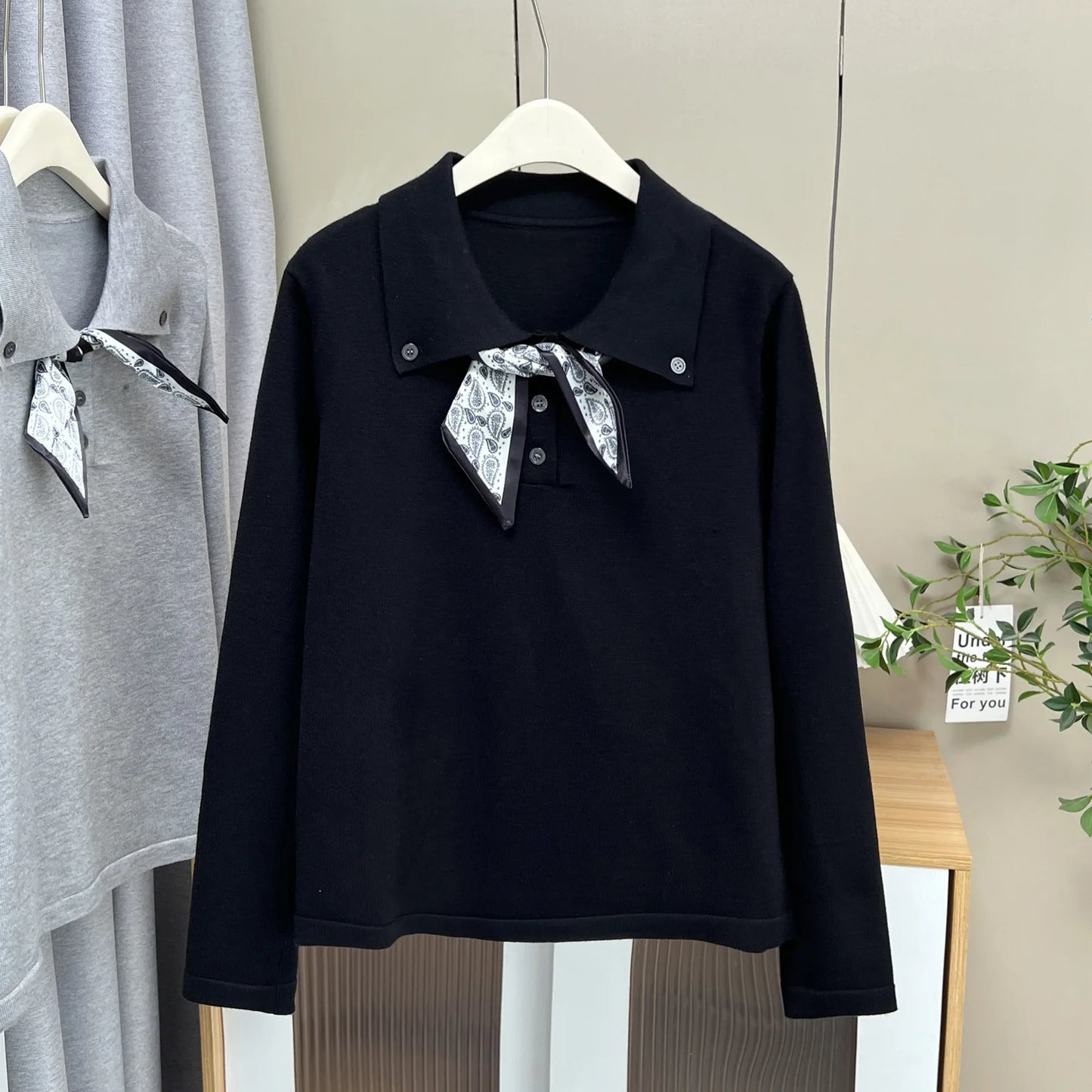 Plus Size Women's Knitted Sweater Jumper XXXL Lace-Up Lapel with Silk-Scarf Detail Autumn Casual