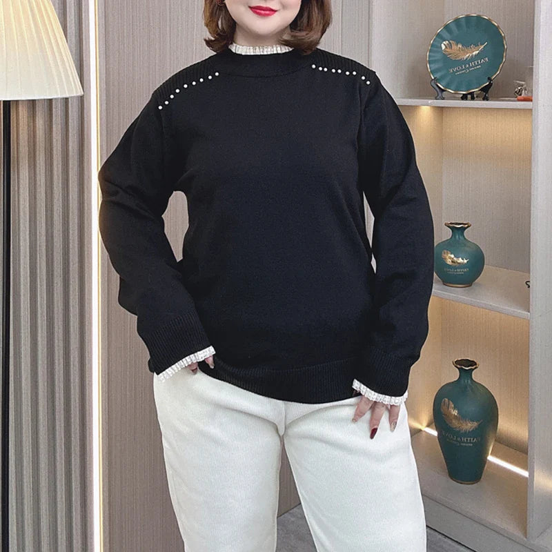 Plus Size Women's Knit Pullover (1XL-4XL) - Mock Neck Beaded Lace Shoulder Sweater for Autumn/Winter