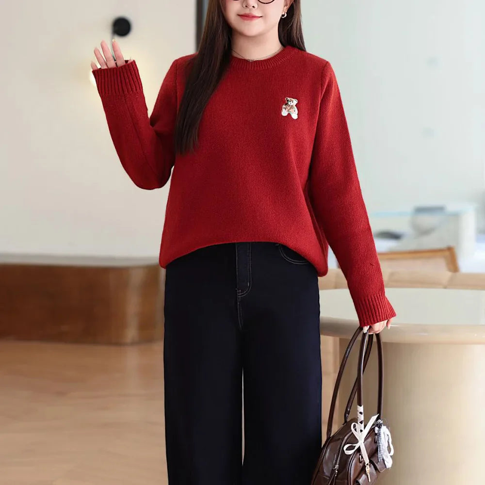Plus Size XXXL Women's Bear Embroidered O-Neck Sweater Autumn Winter Preppy Thermal Pullover