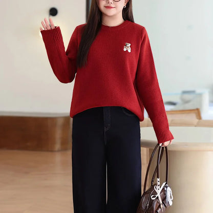 Plus Size XXXL Women's Bear Embroidered O-Neck Sweater Autumn Winter Preppy Thermal Pullover