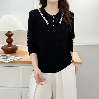 Plus Size Women's Polo Collar Knit Sweater with Hollow-Out Patchwork - Casual Pullover for Spring/Autumn