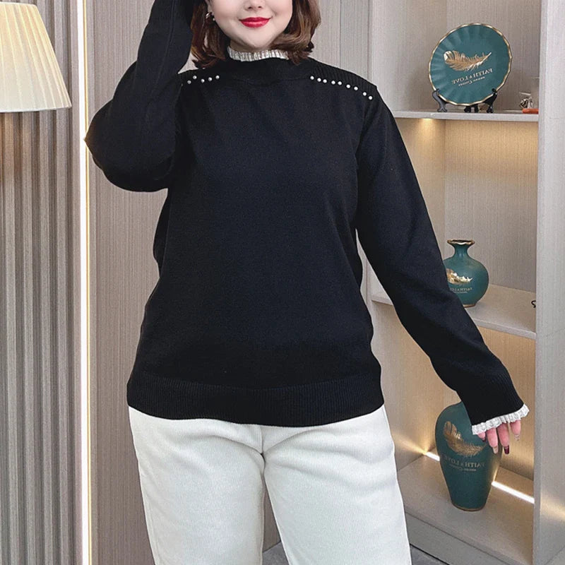 Plus Size Women's Knit Pullover (1XL-4XL) - Mock Neck Beaded Lace Shoulder Sweater for Autumn/Winter