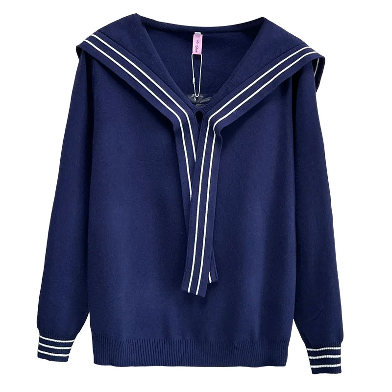 Plus Size V-Neck Sailor Collar Knitted Sweater for Women — Ribbon Trim Casual Jumper Up to 4XL