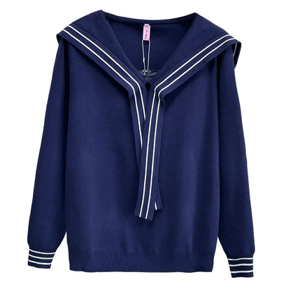 Plus Size V-Neck Sailor Collar Knitted Sweater for Women — Ribbon Trim Casual Jumper Up to 4XL