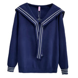 Plus Size V-Neck Sailor Collar Knitted Sweater for Women — Ribbon Trim Casual Jumper Up to 4XL