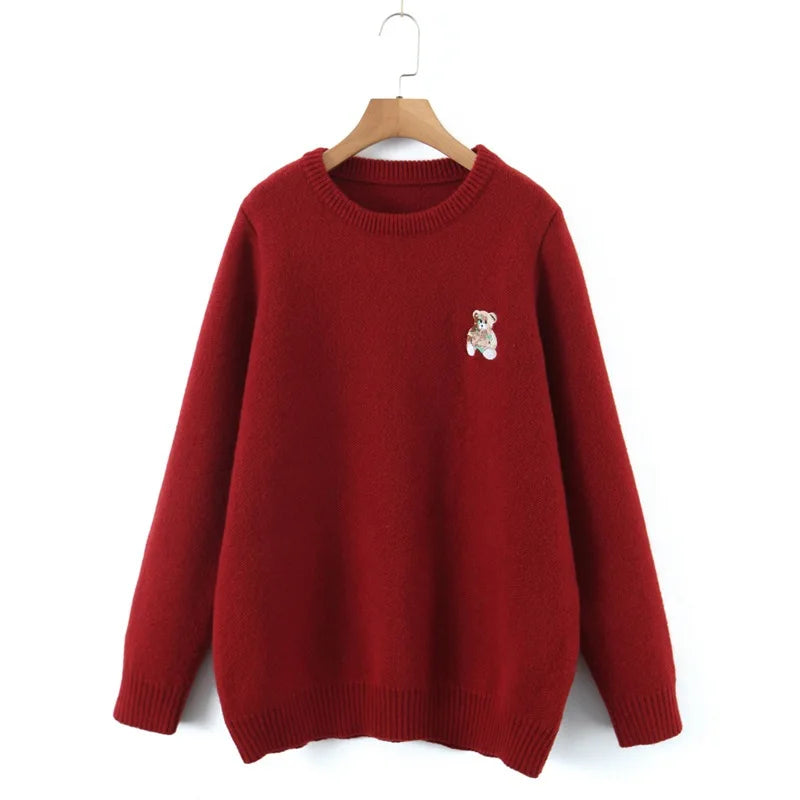 Plus Size XXXL Women's Bear Embroidered O-Neck Sweater Autumn Winter Preppy Thermal Pullover