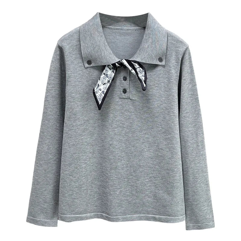 Plus Size Women's Knitted Sweater Jumper XXXL Lace-Up Lapel with Silk-Scarf Detail Autumn Casual