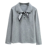 Plus Size Women's Knitted Sweater Jumper XXXL Lace-Up Lapel with Silk-Scarf Detail Autumn Casual