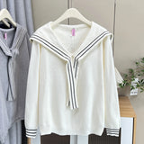 Plus Size V-Neck Sailor Collar Knitted Sweater for Women — Ribbon Trim Casual Jumper Up to 4XL