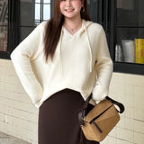 Plus Size Women's Hooded V-Neck 3D Knitted Sweater - Oversized Warm Pullover for Autumn Winter